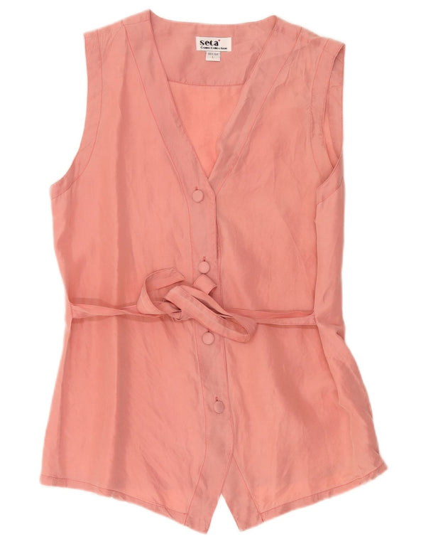 Blusa feminina vintage sem mangas UK 14 grande seda rosa