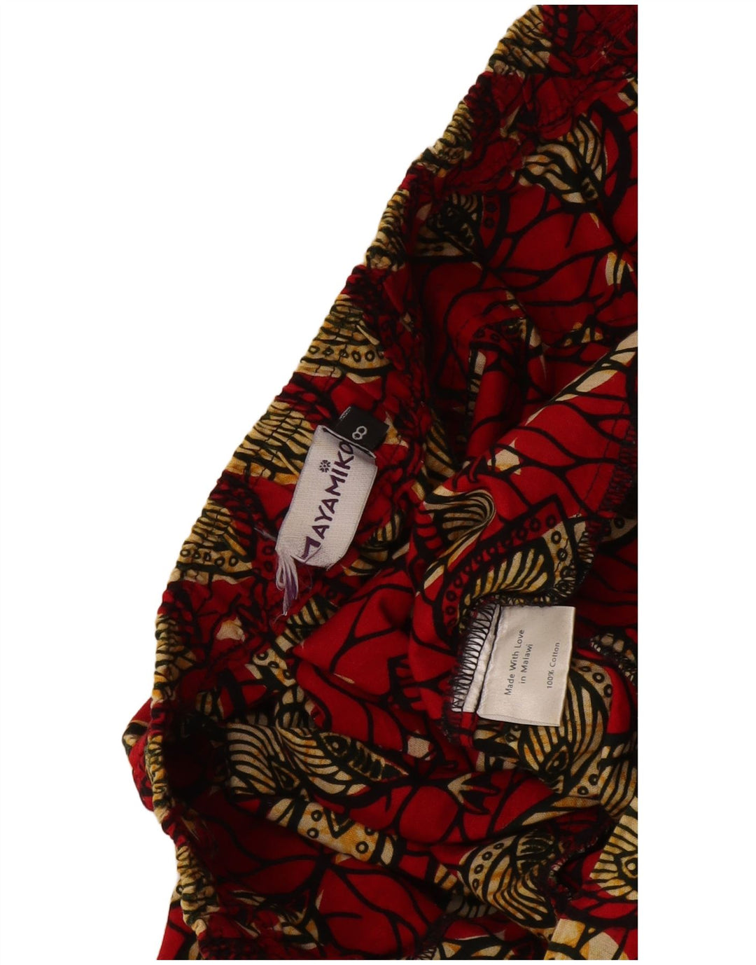 Calça feminina Mayamiko com estampa abstrata EUA 8 médio W30 L26 vermelha