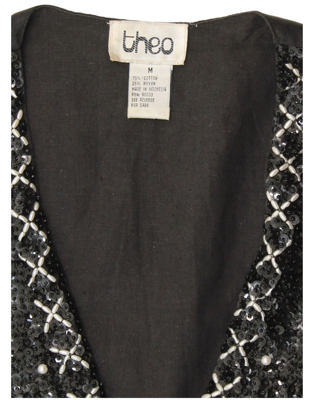 Colete feminino VINTAGE de lantejoulas Reino Unido 14 algodão preto médio anos 80