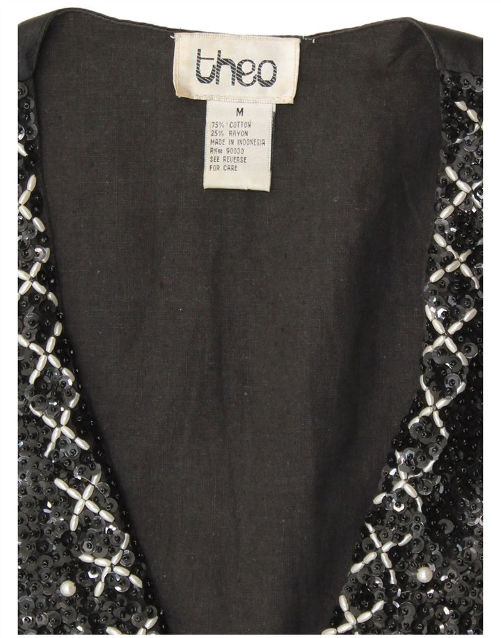 Colete feminino VINTAGE de lantejoulas Reino Unido 14 algodão preto médio anos 80