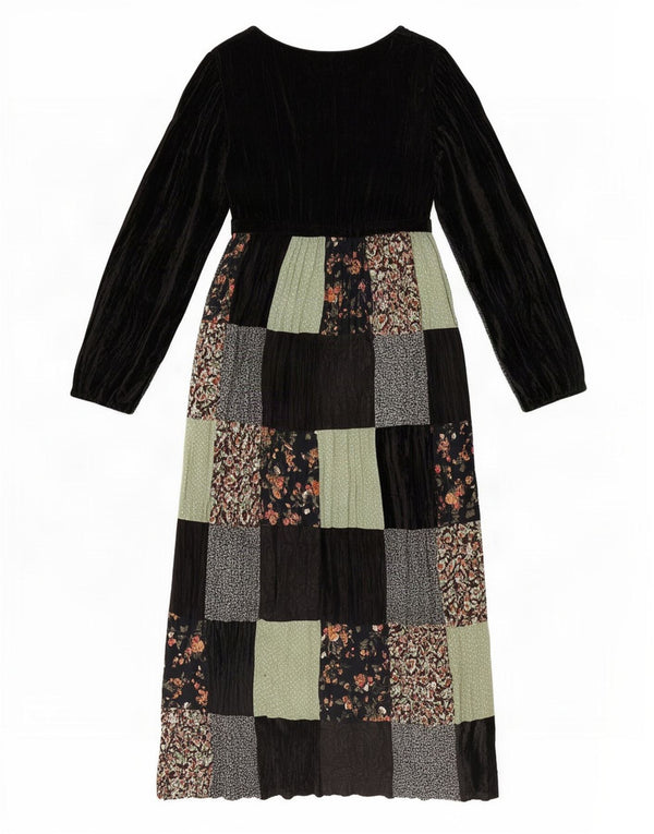 Vestido maxi feminino Onyx de manga comprida em veludo tamanho único preto patchwork viscose