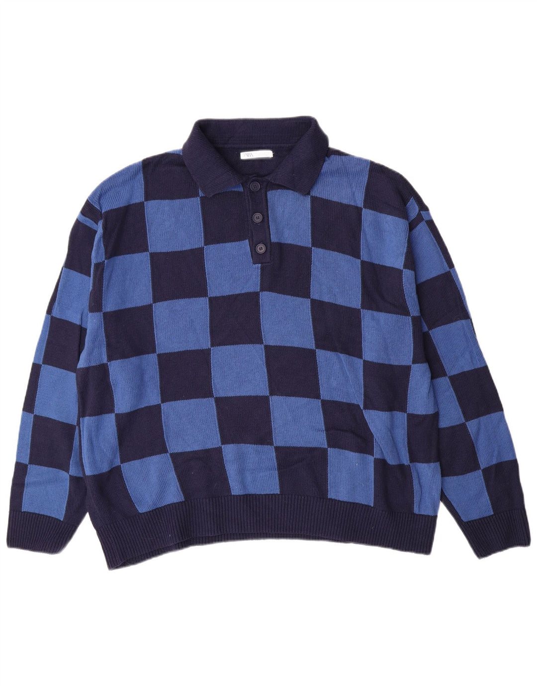 Suéter masculino ZARA com gola polo e algodão xadrez azul grande