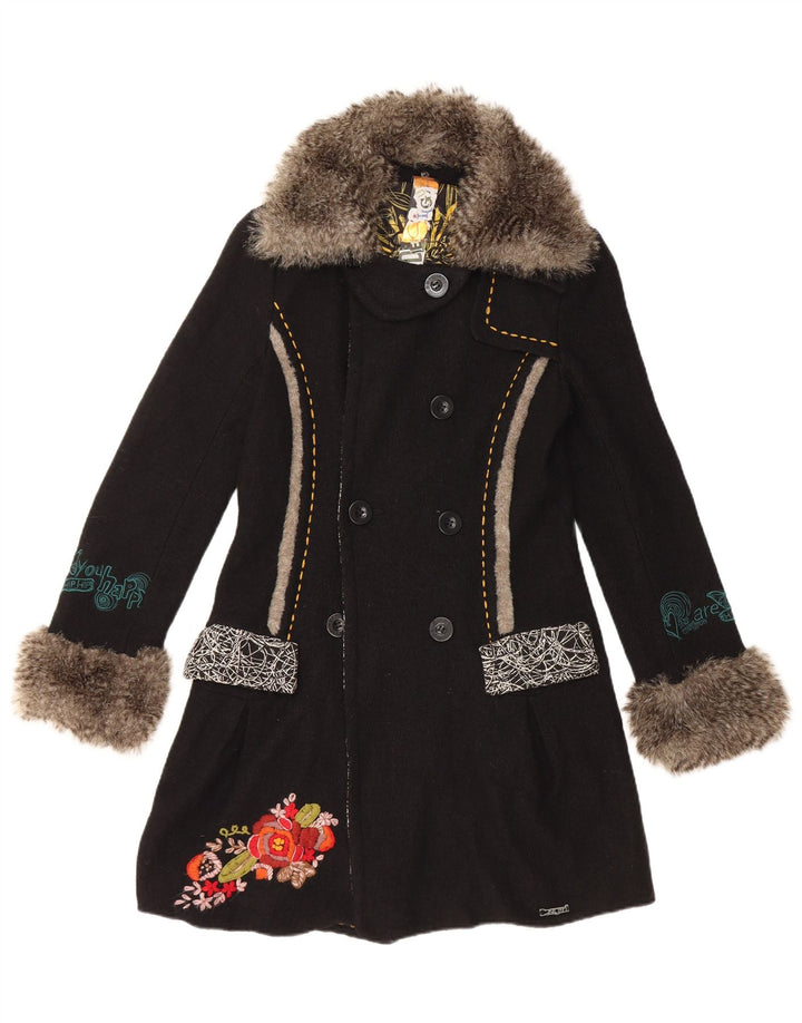 Desigual Casaco feminino gráfico duplo breasted UE 36 pequeno preto floral lã