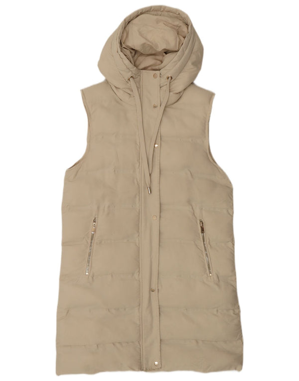 Zara Womens Longline com capuz acolchoado Gilet UK 10 pequeno bege