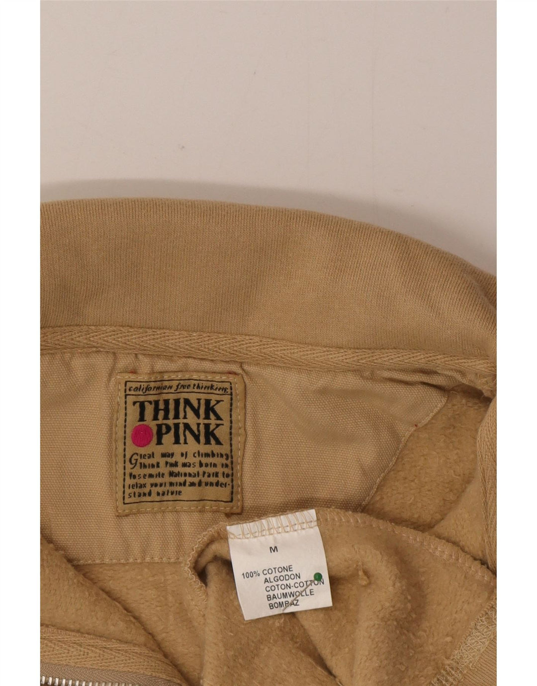 Suéter masculino Think Pink com zíper e gola em algodão bege médio