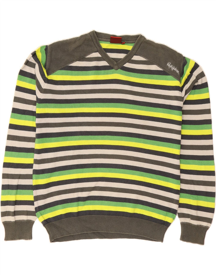 QUIKSILVER Mens V-Neck Jumper Sweater XL Green Striped Cotton Vintage Quiksilver and Second-Hand Quiksilver from Messina Hembry 