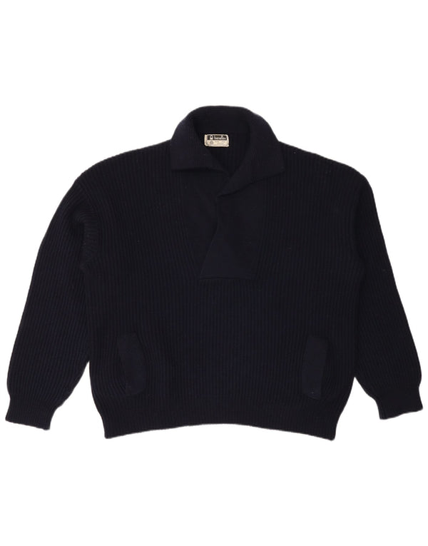 Suéter masculino Benetton com gola polo XL Lã azul marinho