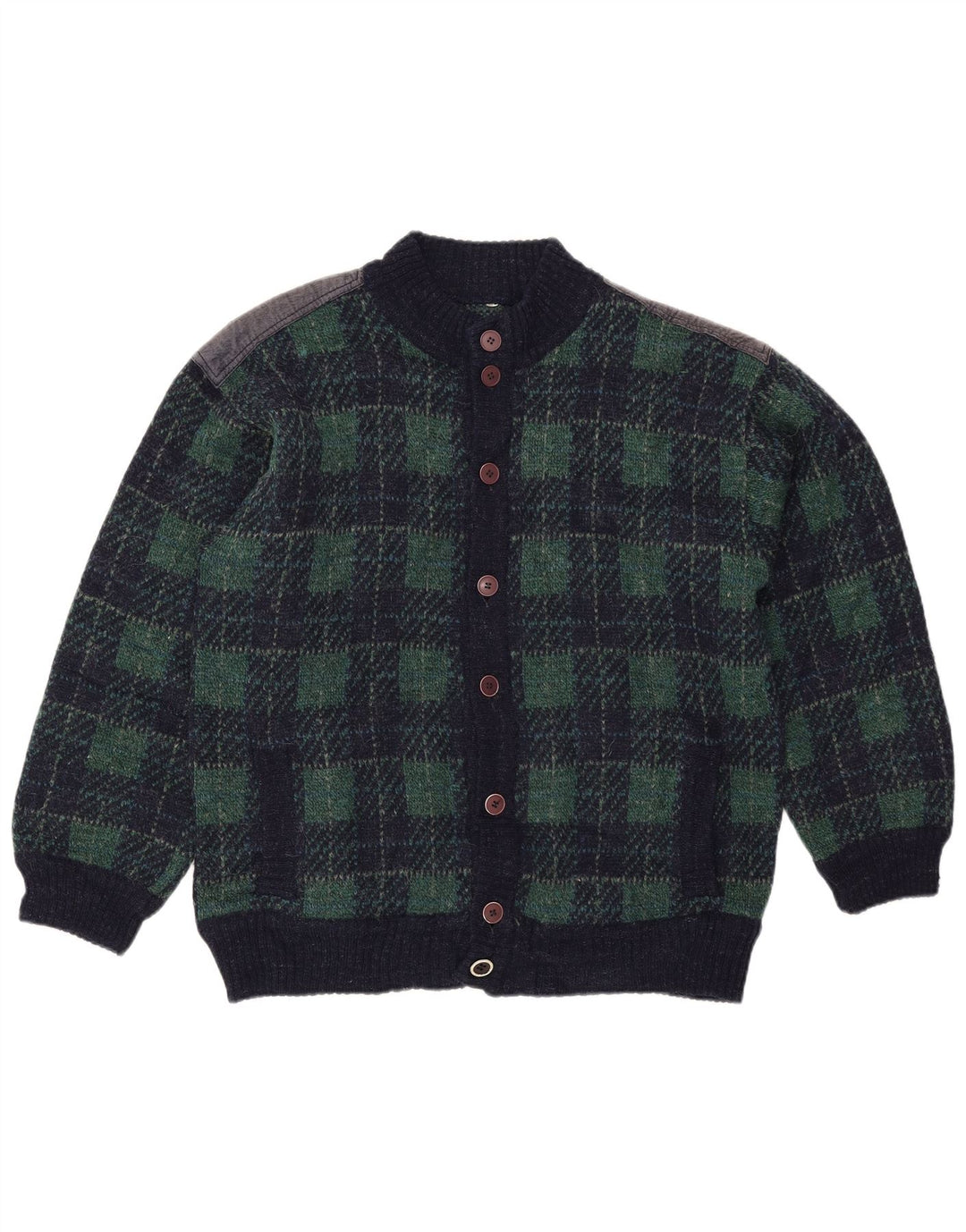 Suéter cardigã masculino vintage IT 54 XL lã xadrez azul marinho