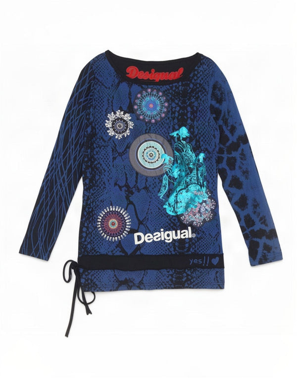 Top gráfico feminino Desigual manga comprida UK 14 viscose geométrica azul grande