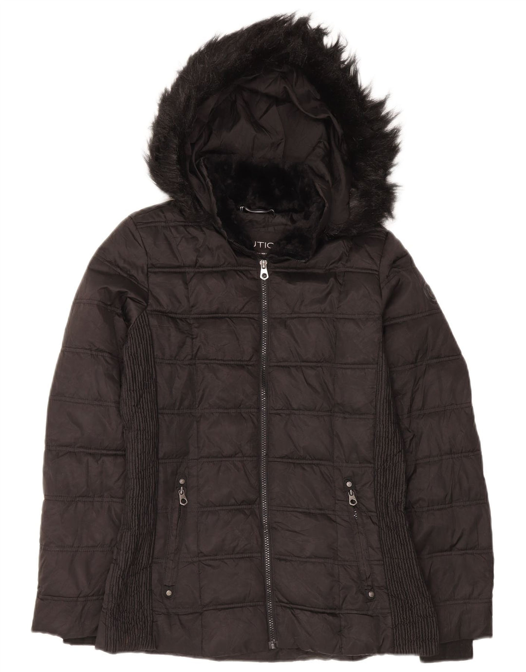 Jaqueta feminina acolchoada com capuz grande Nautica UK 10 poliéster preto pequeno