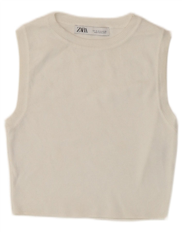 Zara Top curto sem mangas feminino UK 12 viscose branca média