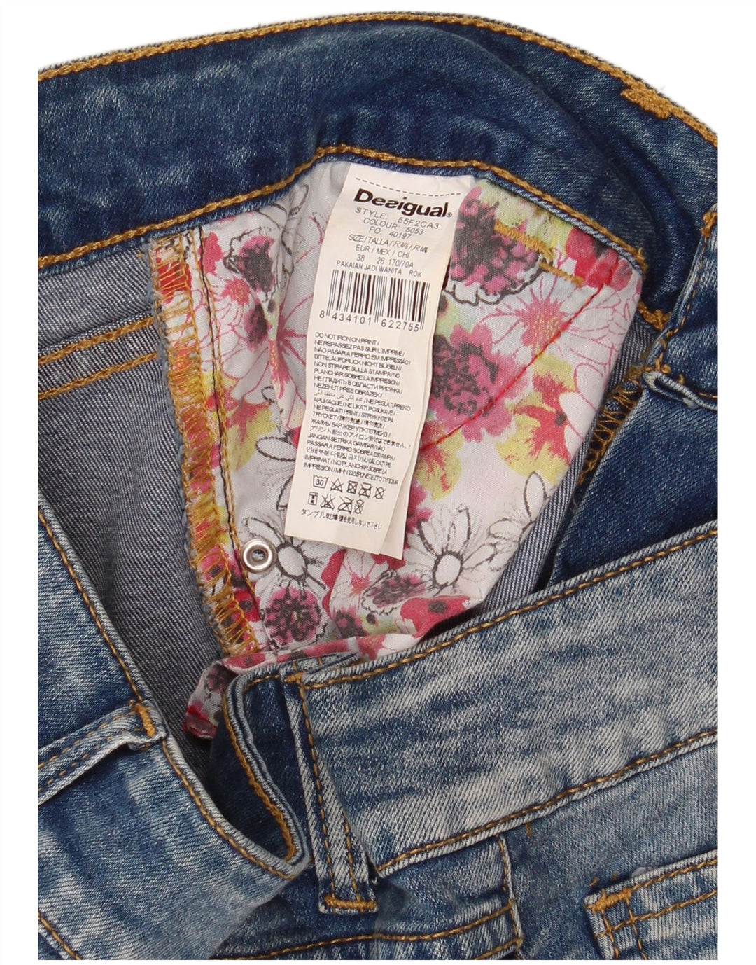 Saia jeans feminina Desigual EU 38 médio W30 azul floral poliéster