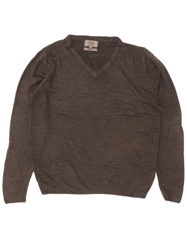 Suéter masculino Marks & Spencer com decote em V cinza médio acrílico
