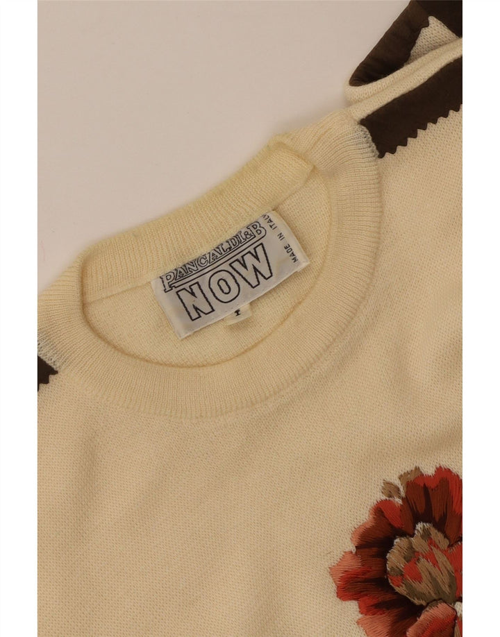 Suéter feminino PANCALDI & B com gola redonda, tamanho UK 16, grande, branco, floral