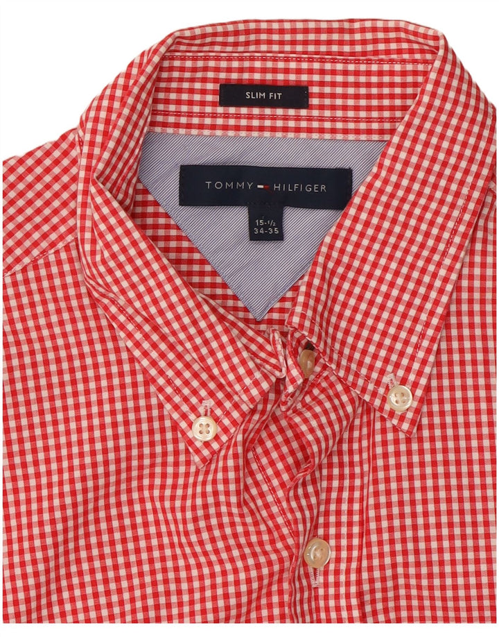 Camisa masculina Tommy Hilfiger Slim Fit tamanho 15 1/2 médio vermelho guingão