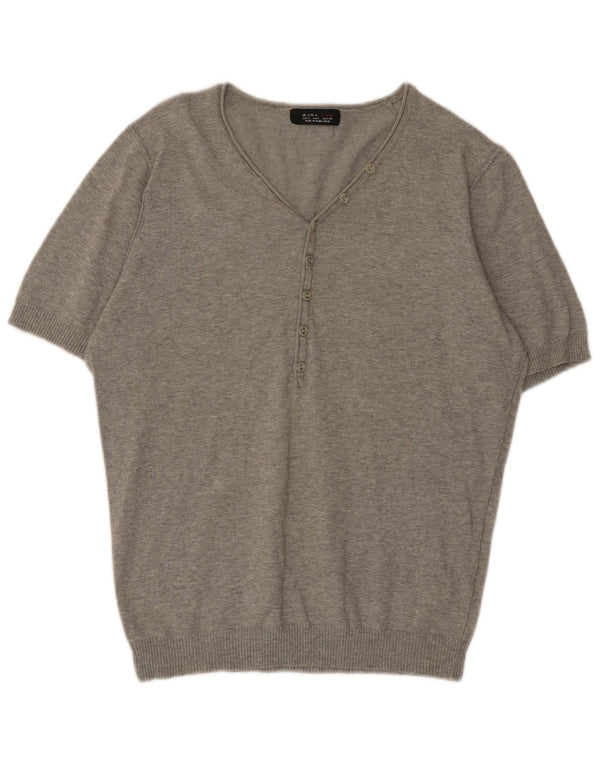 Zara Mens Short Sleeve V-Neck Jumper Sweater Large Grey Flecked