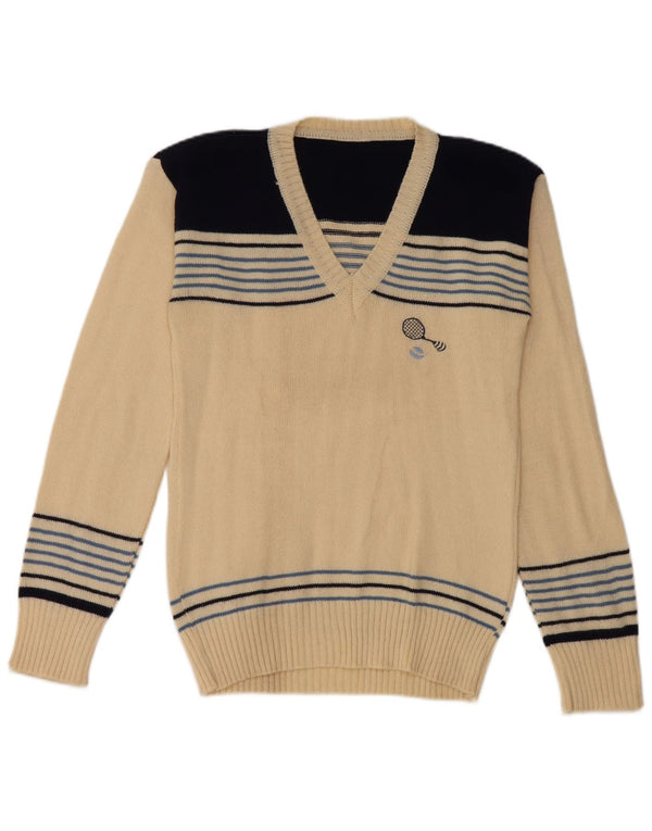 Vintage Womens V-Neck Jumper Sweater UK 8 Small Off White Striped