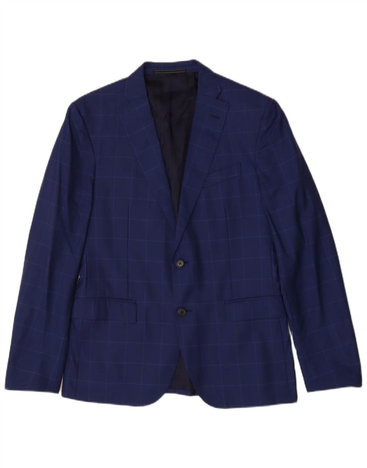 Jaqueta blazer masculina VINTAGE com 2 botões IT 48 lã virgem xadrez azul médio