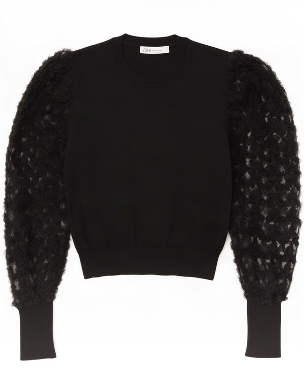 Zara Crop Top Feminino Manga Longa Reino Unido 12 Médio Preto Floral Viscose