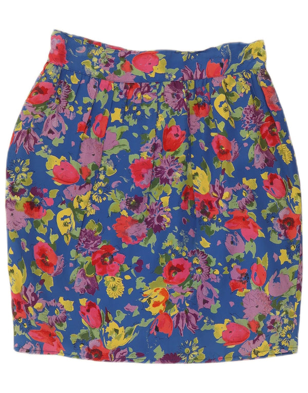 Saia bolha de cintura alta feminina vintage IT 46 grande W30 acetato floral azul