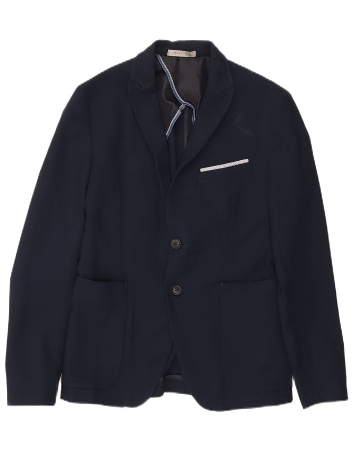 Jaqueta blazer masculina Zara com 2 botões UK 36 poliéster azul marinho pequeno
