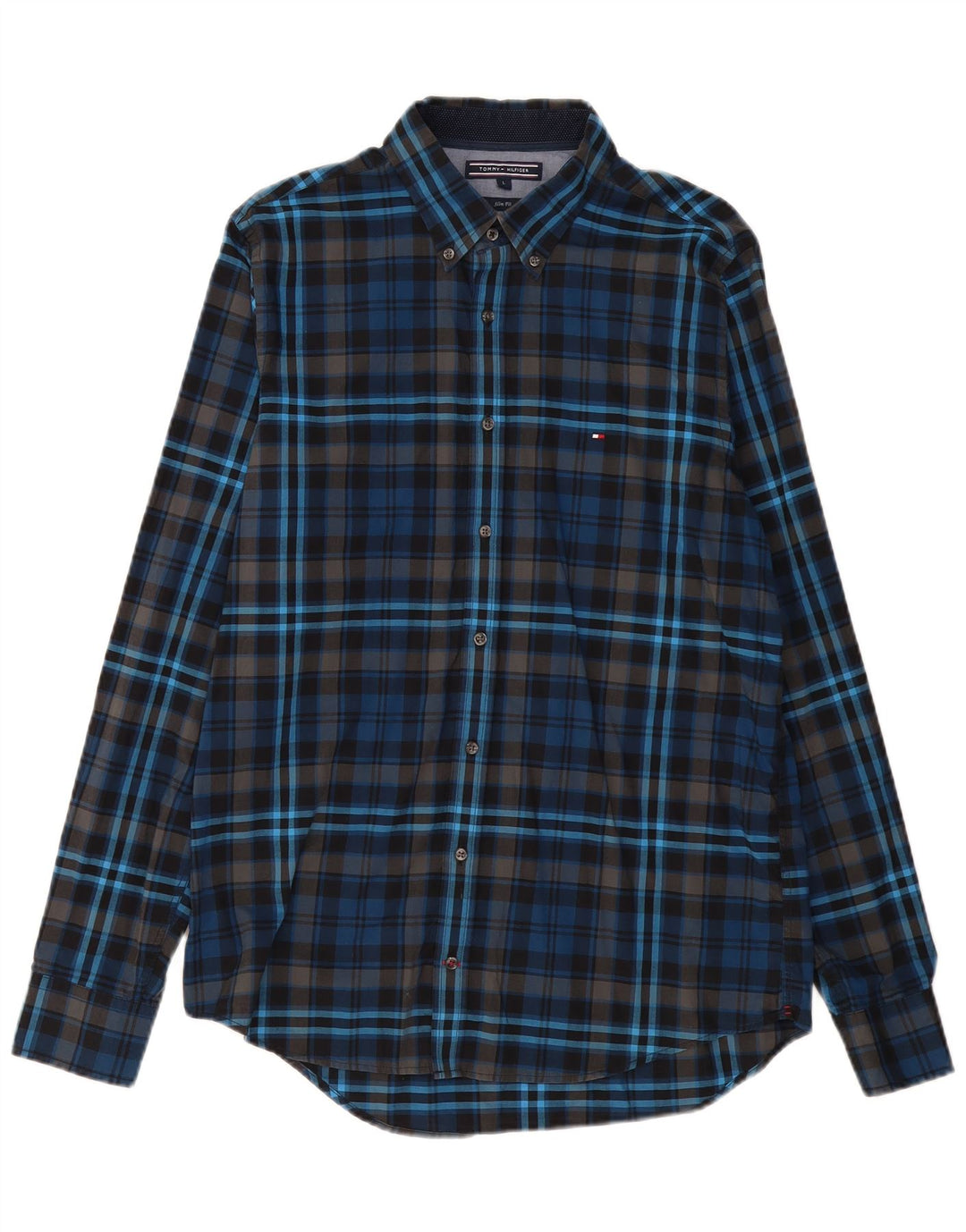 Camisa masculina TOMMY HILFIGER slim fit grande algodão xadrez azul marinho