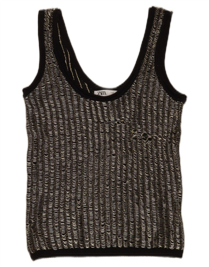 Zara Womens Crop Vest Top UK 12 Médio Preto Listrado Viscose