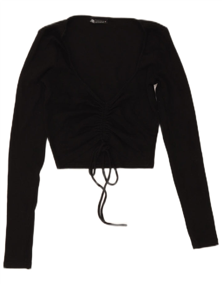 Zara blusa feminina cropped frontal manga comprida Reino Unido 12 algodão preto médio