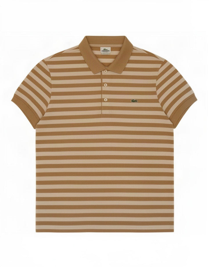 Camisa polo masculina Lacoste tamanho 4 algodão listrado marrom médio