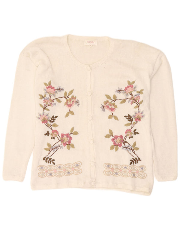 Vintage Womens Cardigan Sweater UK 18 XL White Floral Polyester