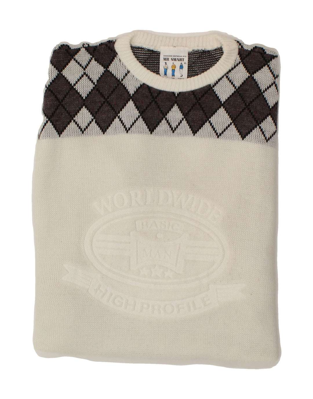 VINTAGE Mens Graphic Boat Neck Jumper Sweater XL White Argyle/Diamond Vintage Vintage and Second-Hand Vintage from Messina Hembry 