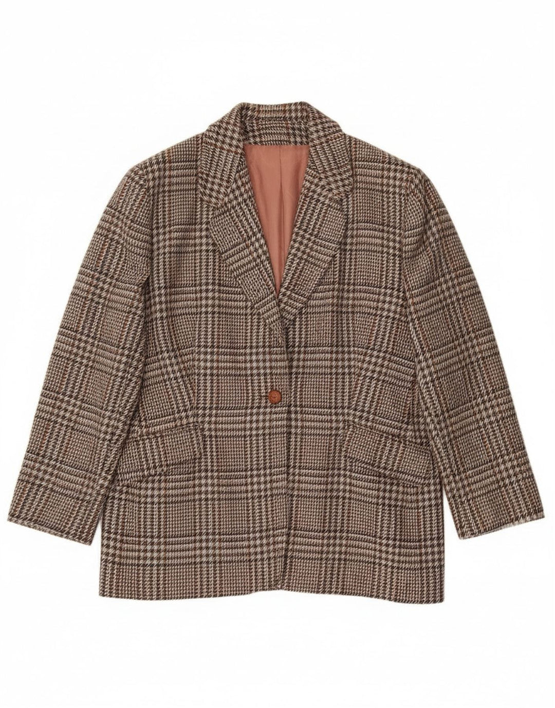 Jaqueta blazer feminina vintage com 1 botão Reino Unido 20 2XL lã xadrez marrom
