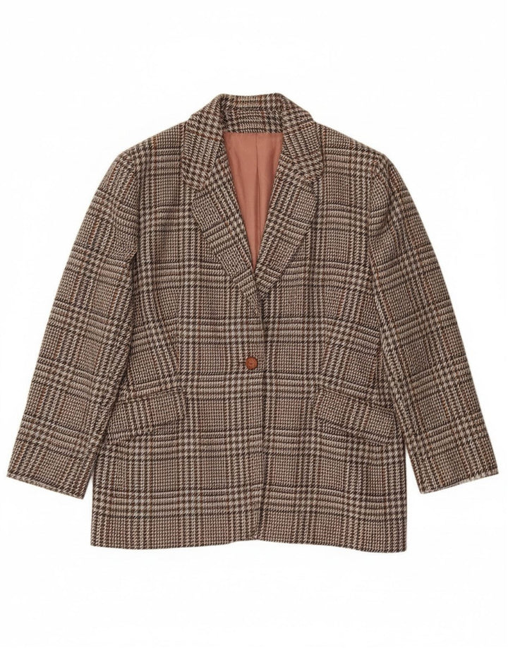 Jaqueta blazer feminina vintage com 1 botão Reino Unido 20 2XL lã xadrez marrom