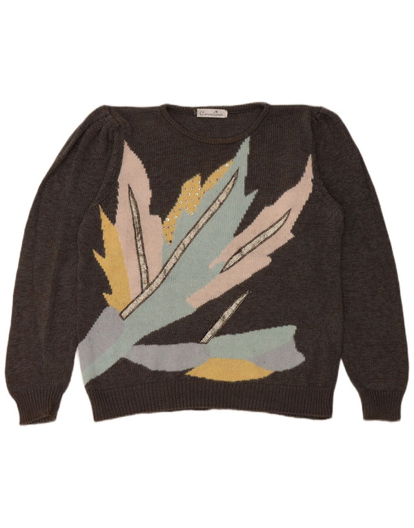 Suéter feminino vintage grande com gola redonda UE 40 cinza médio floral
