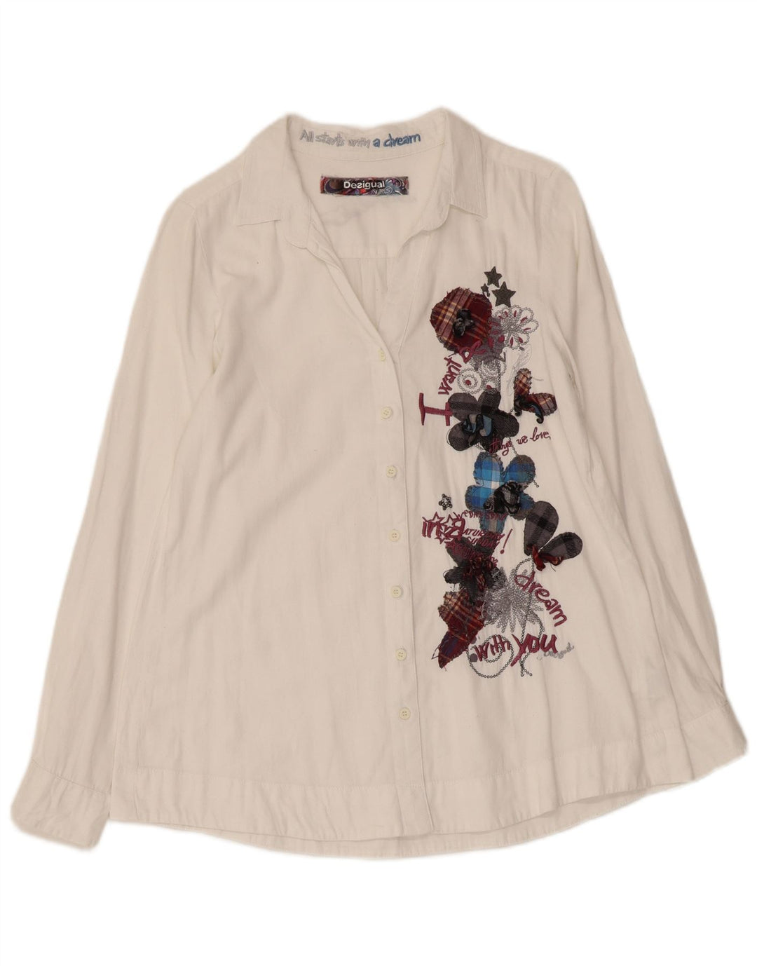 Camisa gráfica feminina DESIGUAL UK 10 pequeno algodão floral branco