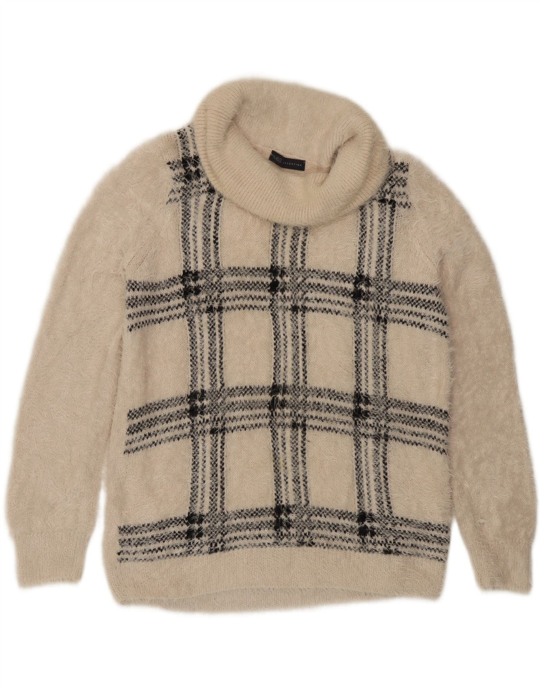 Suéter feminino Marks & Spencer com gola redonda Reino Unido 16 grande xadrez bege
