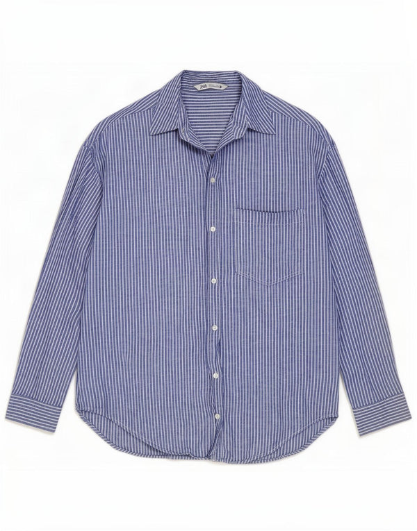 Zara Camisa feminina oversized UK 10 pequena listra azul de linho