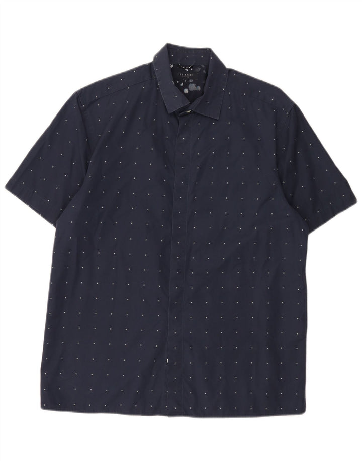 Camisa masculina de manga curta Ted Baker tamanho 3 algodão geométrico azul marinho médio