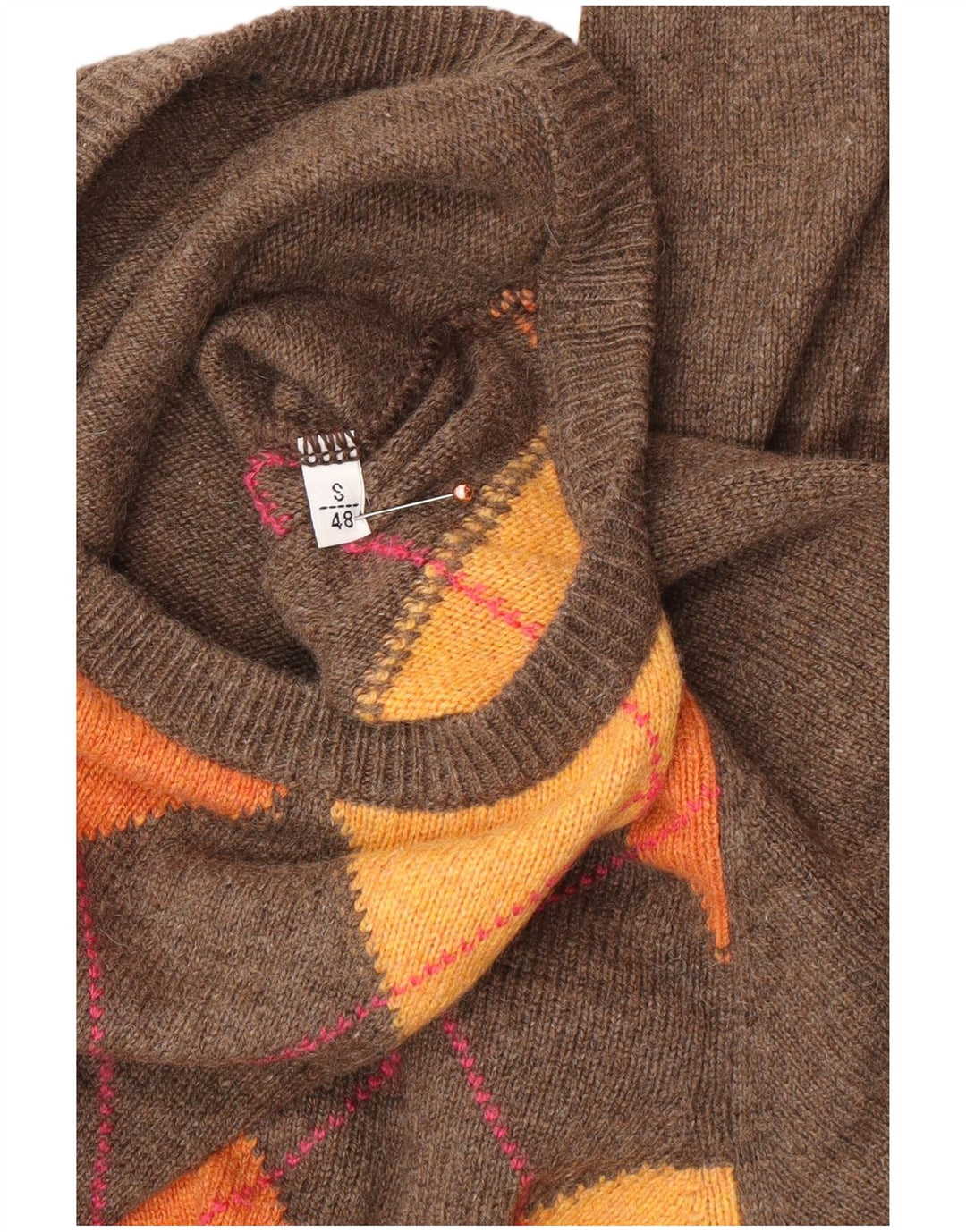 Suéter masculino VINTAGE com gola redonda IT 48 pequeno marrom argyle/diamante