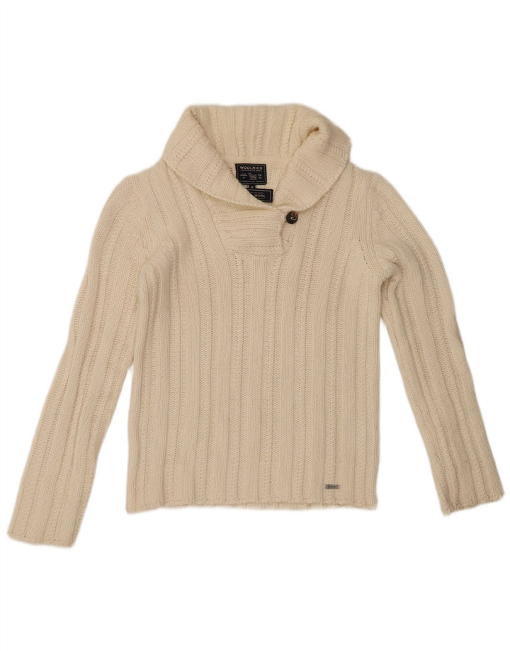 Suéter feminino WOOLRICH com gola xale UK 12 médio branco