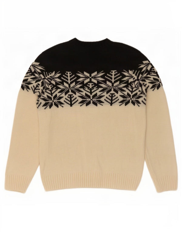 Suéter vintage masculino com gola redonda, médio, branco, Fair Isle, acrílico