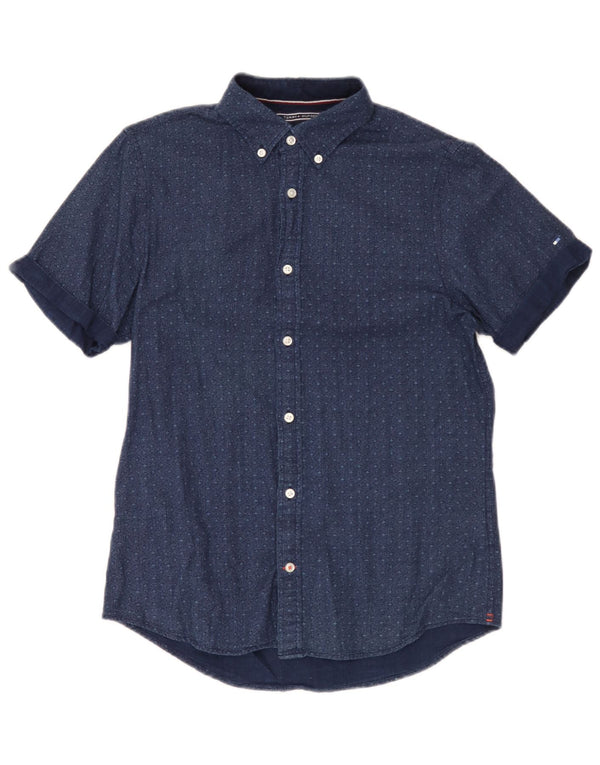 Camisa masculina de manga curta Tommy Hilfiger pequena algodão manchado azul marinho
