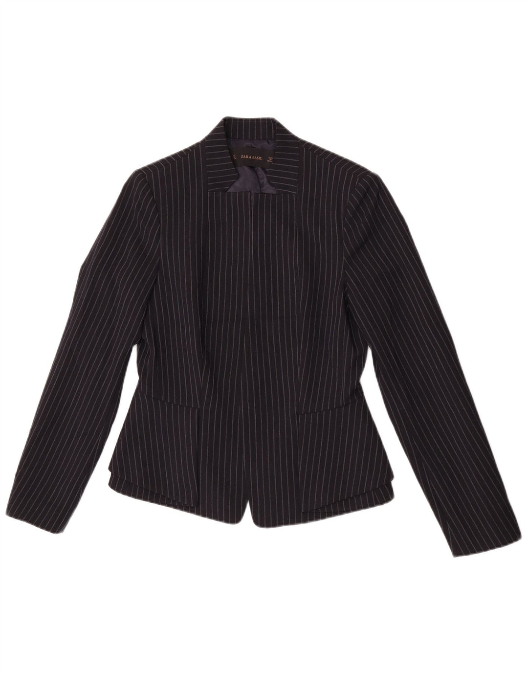 Zara Womens Open Blazer Jacket Reino Unido 8 Pequenas Riscas Azul Marinho