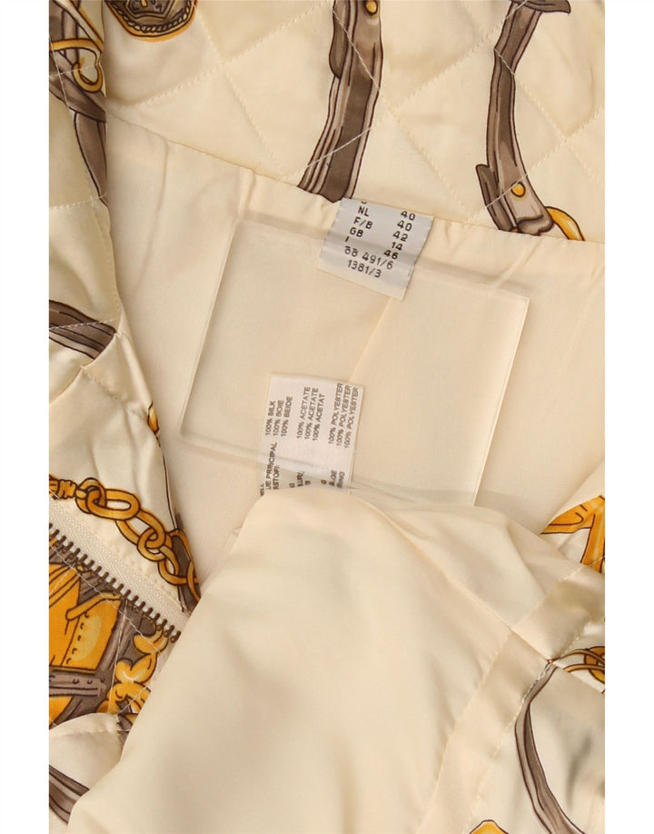 Colete acolchoado feminino VINTAGE com padrão abstrato Reino Unido 14 grande seda branca