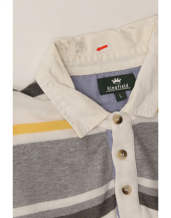 KINGFIELD Mens Polo Shirt Large Grey Striped Cotton Vintage Kingfield and Second-Hand Kingfield from Messina Hembry 