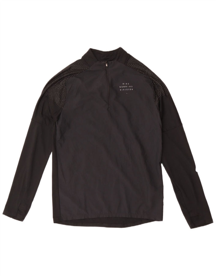 Nike Mens Dri Fit Zip Neck Top Manga Longa Pequeno Poliéster Preto Manchado