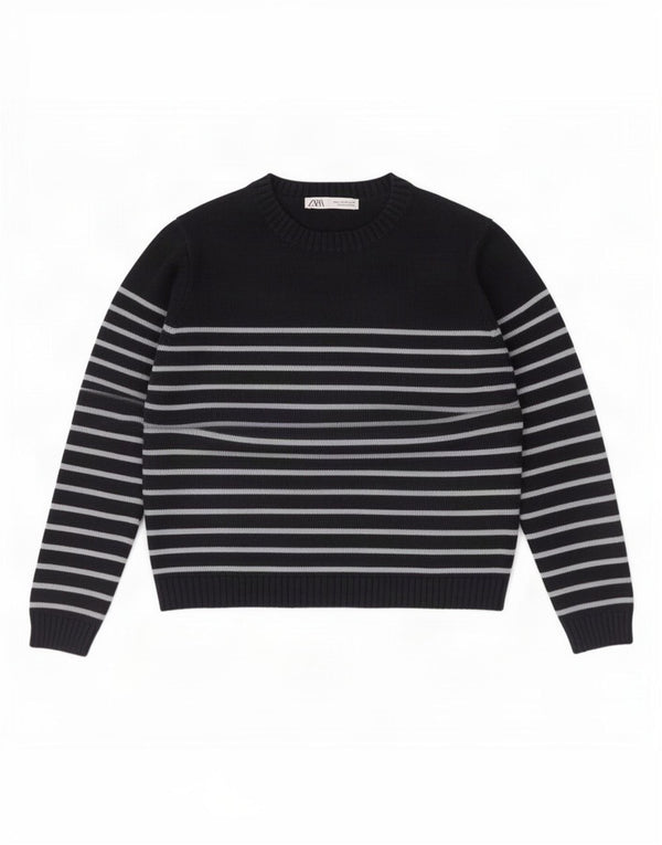 Suéter feminino Zara com gola redonda e gola redonda, listrado azul marinho médio, Reino Unido 14