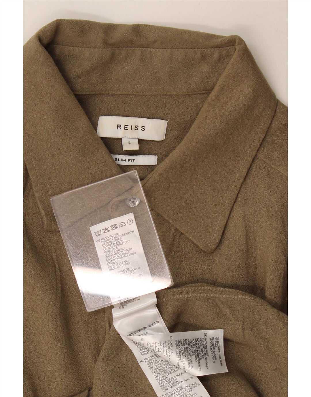 Camisa masculina Reiss Slim Fit grande cáqui viscose