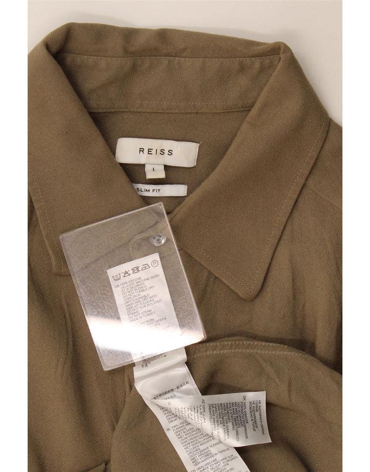 Camisa masculina Reiss Slim Fit grande cáqui viscose