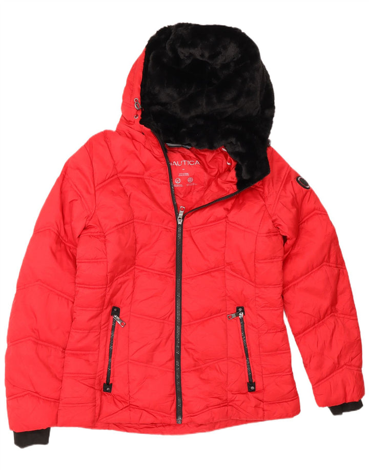 Jaqueta feminina acolchoada com capuz Nautica UK 14 poliéster vermelho médio